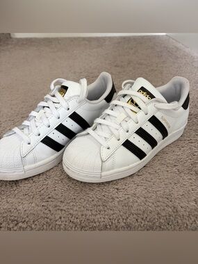 adidas Kids White & Black Superstar Sneakers with Gold Logo